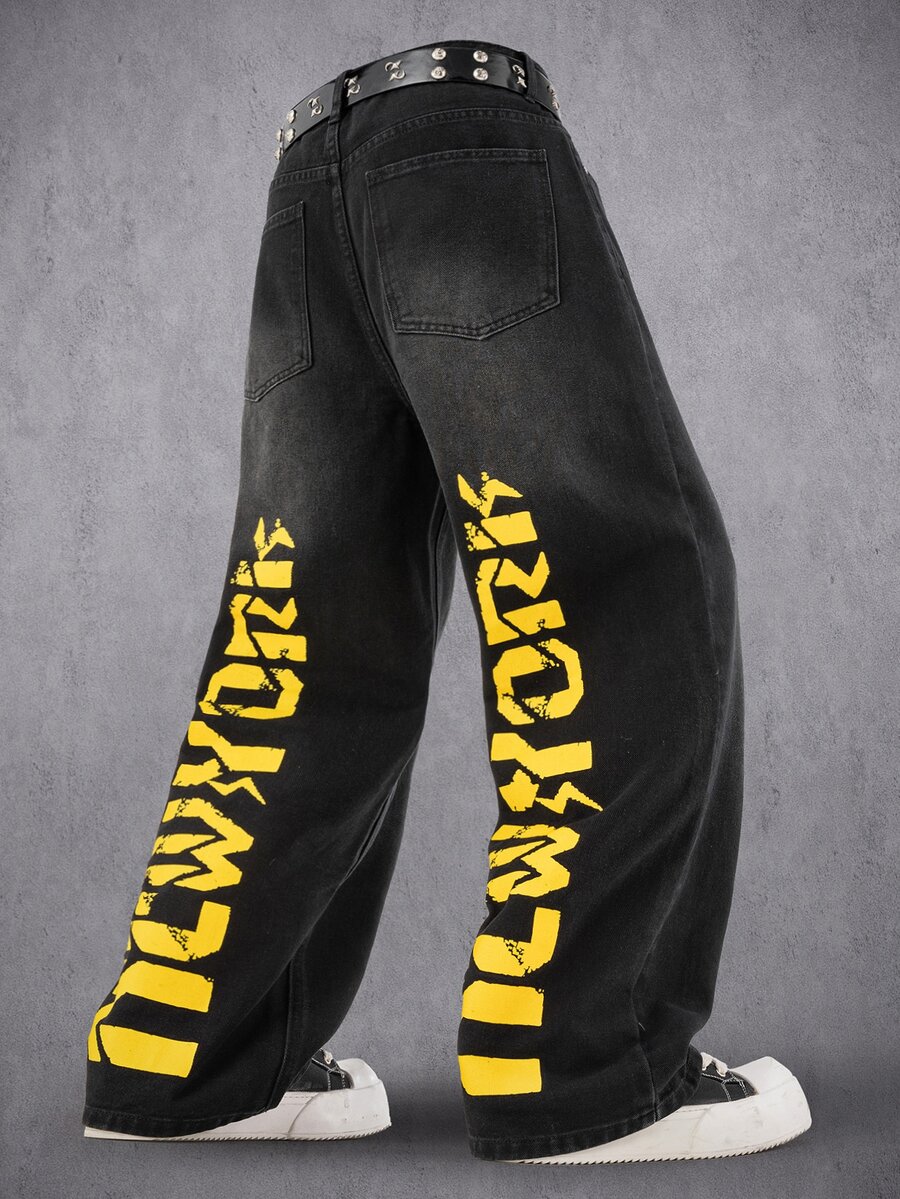 Manfinity Denimwave 男士 New York 休閒街頭印花黑色水洗丹寧直筒喇叭牛仔褲 - 黑色 - 查看 1