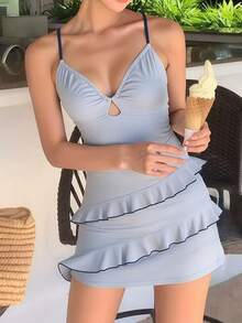 DAZY 1 bộ đồ bơi một mảnh nữ màu trơn, thiết kế boyleg, viền bèo nhún - Màu xanh lam - Xem 3