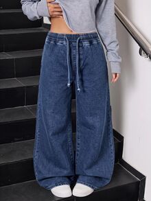 SHEIN Tween Girl Girls' Deep Blue Loose Fit Denim Long Pants - Dark Wash - View 4
