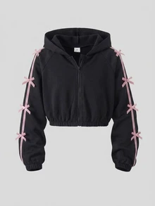 SHEIN Sparklyn 3件組 青少年女孩海軍藍返校系列 藍色條紋飾邊連帽拉鍊外套、背心與寬鬆褲套裝 - 黑色 - 查看 3