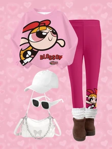 THE POWERPUFF GIRLS X SHEIN طقم سويت شيرت وبنطلون ليجنز بطبعة كرتونية للبنات الصغيرات - أبيض - مشاهدة 3