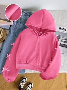 SHEIN 青少年女孩寬鬆休閒極簡舒適日常街頭風連帽修身口袋前開襟拉鍊短版長袖運動衫外套 白色返校穿搭 - 玫紅色 - 查看 3