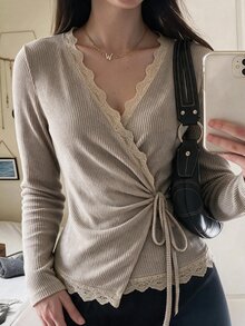 Flora Isola Flora Isola Autumn Elegant Romantic Lace Trim Tie-Front Wrap T-Shirt Brunch Khaki - Khaki - View 4