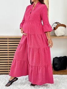SHEIN Maternity Plaid V-Neck Notch Collar Flare Sleeve Ruffle Hem Casual Dress - Pink - View 1