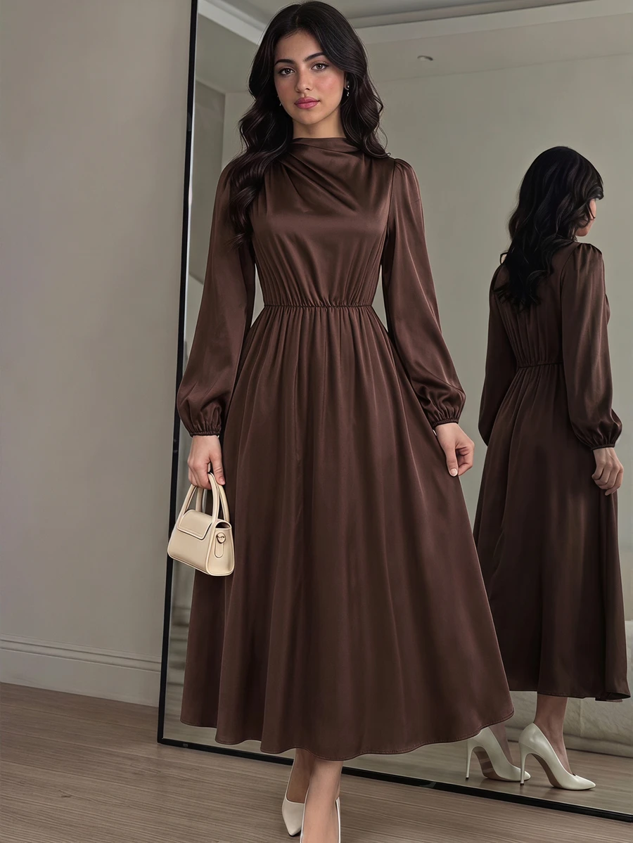 SHEIN 青少年女孩純色百褶休閒日常夏季度假洋裝 - 棕色 - 查看 1