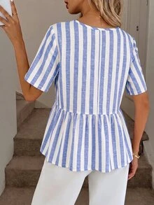 SHEIN LUNE 女款條紋圓領短袖荷葉邊下擺休閒襯衫 - 彩色 - 查看 2