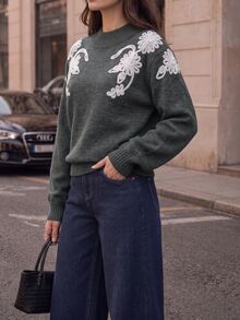 Velvienne Women's Autumn/Winter New Plus Size Crew Neck Embroidered Unique Design French Lazy Style Casual Versatile Date Commute Fitted Long Sleeve Knit Pullover Sweater - Grey - View 4