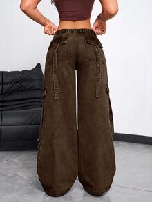SHEIN EZwear 女款工裝口袋寬腿寬鬆休閒牛仔褲 - 咖啡棕 - 查看 2