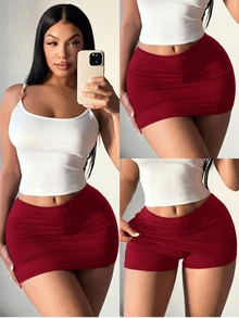 SHEIN SXY 女款深紅色性感休閒迷你緊身裙（含內搭褲）適合夜店、海灘俱樂部、夜生活、秋季 - 紅色 - 查看 6