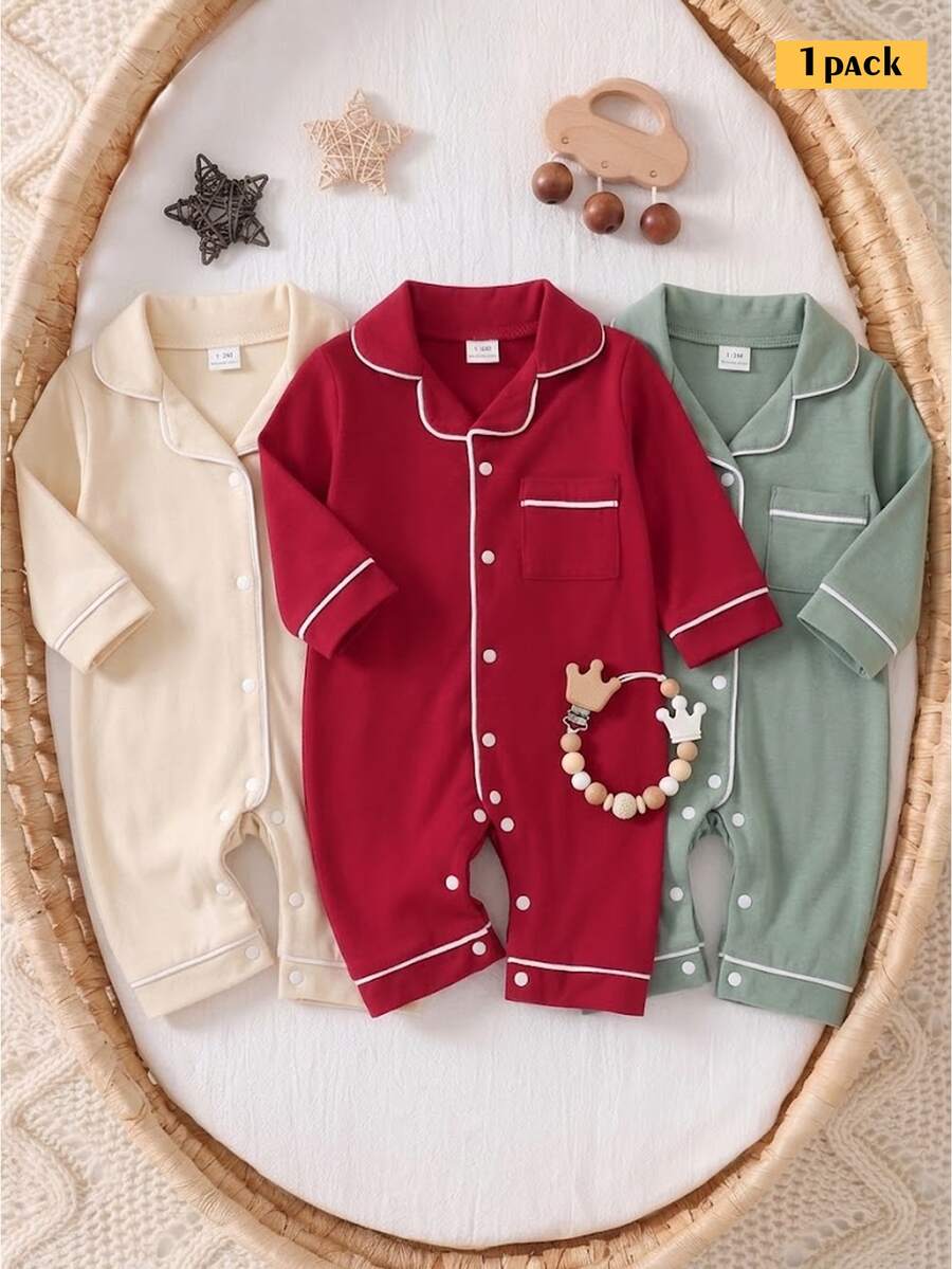 SHEIN 1件裝新生兒居家連身睡衣,紅色極簡百搭時尚印花圖案配滾邊飾邊,柔軟舒適面料,新生兒最佳禮物,居家穿著,百搭時尚,最佳選擇 - 紅色 - 查看 1