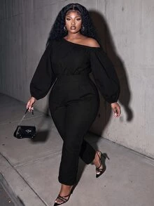 Slaydiva Plus Size Jumpsuit, Black Off Shoulder Puff Sleeve High Waist Slim Fit Romper - Black - View 7