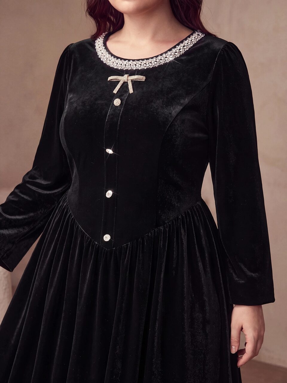 MOTF PLUS SIZE WOMEN'S AUTUMN/WINTER VELVET RHINESTONE BOWKNOT DECOR WAIST-CINCHING DRESS
