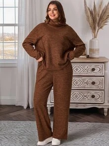 EMERY ROSE 2pcs Set Plus Size Women's Autumn/Winter Casual Country Vacation Brown T-Shirt And Pants 2 Pieces Set With Pockets,Fall, Loungewear,Modest Outfits - Brown - View 6