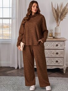 EMERY ROSE 2pcs Set Plus Size Women's Autumn/Winter Casual Country Vacation Brown T-Shirt And Pants 2 Pieces Set With Pockets,Fall, Loungewear,Modest Outfits - Brown - View 9
