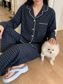 DAZY 2pcs Plaid Embroidered Pattern Pajama Set Fall - Navy Blue - View 4