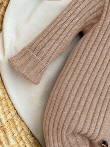 SHEIN 新生女嬰可愛秋冬百搭針織簡約連身爬行服連腳套裝附帽子 - 杏色 - 查看 4