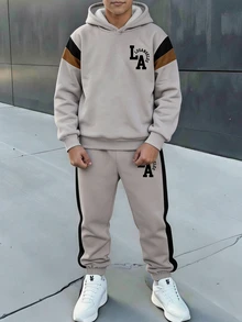 青少年男孩休閒極簡卡通圖案長袖連帽舒適衛衣2件套，適合秋冬穿著 - 彩色 - 查看 4