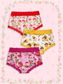 Strawberry Shortcake | ROMWE Plus Size Collaboration Lace Patchwork Comfortable Women's Triangle Panties 3-Piece Set - Multicolor - View 2