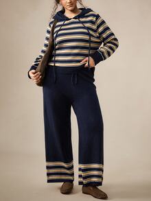 Nubod Plus Size Knit Colorblock Hooded Top And Pants Tie-Up Sweater Set, Casual And Comfortable - Multicolor - View 4
