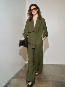 MOTF PREMIUM URBAN LOW WAIST ELASTIC WAIST DRAWSTRING DECOR WIDE LEG LONG PANTS SPRING SUMMER - Olive Green - View 3