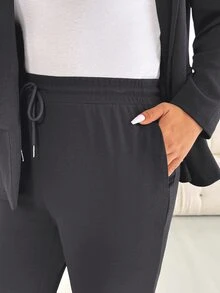 Shapeblank Bộ 2 món áo khoác và quần màu trơn phong cách thường ngày đi làm size lớn - Màu xám đen - Xem 5