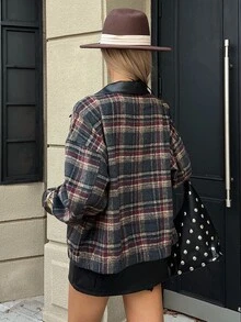 Livesso Dark Gray & Red Plaid Leather Patchwork Lapel Loose Drop Shoulder Long Sleeve Vintage Casual Versatile Jacket Fall - Multicolor - View 2