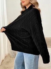 SHEIN CURVE+ Plus Size Women's Solid Color Zipper Casual Versatile Daily Wear Cardigan - Black - View 4