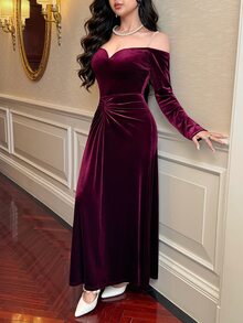 Feyla Women's Solid Color Ruched Off Shoulder Elegant Cinched Waist Party Dress - Burgundy - View 6