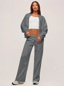 SHEIN BASICS 女款純色落肩長袖休閒寬鬆棒球夾克 - 深灰色 - 查看 3