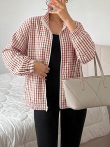 SHEIN EZwear 格紋編織女款休閒夾克 - 紅色 - 查看 8
