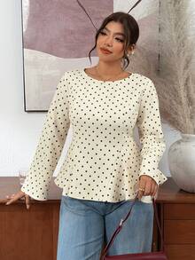 Lounesse Plus Size Women's Round Neck Long Sleeve Polka Dot Design Fashion Cinched Waist Flared Hem Shirt Office Formal Beige Autumn Elegant Traditional Fall - Apricot - View 7