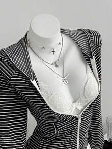 Elamini 女款粉色條紋長袖連帽蝴蝶結印花輕便外套，適合日常出遊、大學風、度假風 - 黑色 - 查看 1