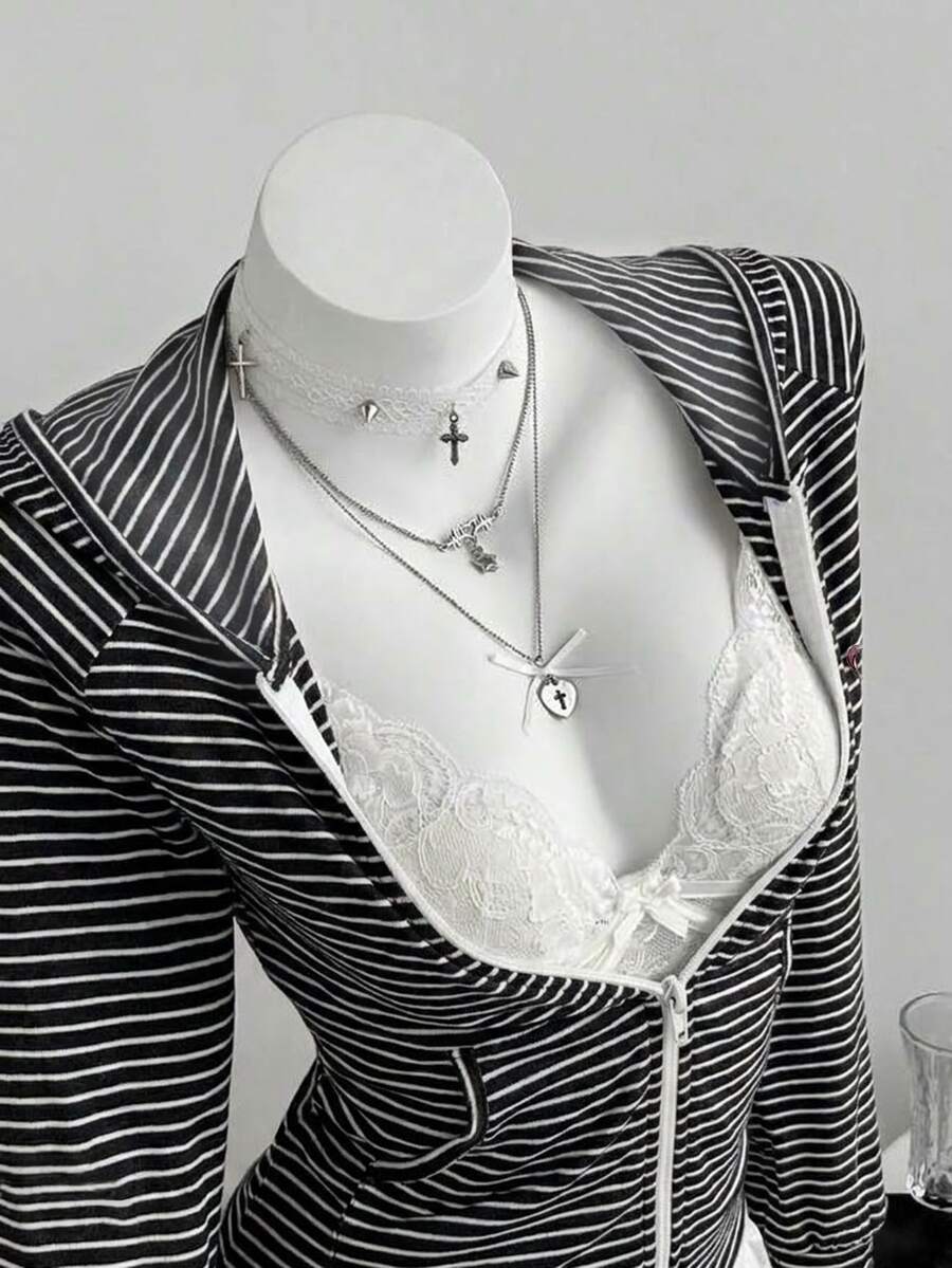 Elamini 女款粉色條紋長袖連帽蝴蝶結印花輕便外套,適合日常出遊、大學風、度假風 - 黑色 - 查看 1