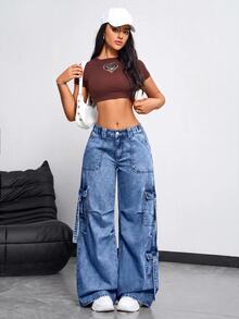 SHEIN EZwear 女款休閒水洗寬腿工裝牛仔褲 - 藍色 - 查看 6