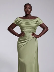 Elitara Plus Size Elegant Luxurious Sage Green Elastic Satin Ruched Off Shoulder Mermaid Dress For Wedding Formal Party, Vacation, Ball, Evening Event, Autumn - Green - View 7