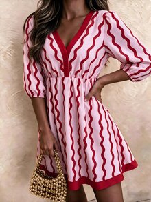 Flora Isola Flora Isola Casual Boho Vacation Pink Stripe Wavy Pattern Women's Short Dress Vacation Autumn - Red - View 3