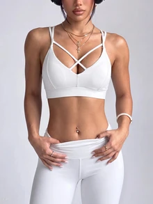 SHEIN Dewbera 2026 New Women's Sports Bra With Cross Front Spaghetti Strap, Double Layer Spaghetti Strap Deep V Neck Yoga Crop Top, Fitness Training Camisole, Gym Workout Daily Wear Sports T-Shirt Tank Top - Beige - View 1