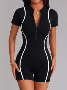 Slayform Short Sleeve Zipper Shorts Jumpsuit/White Line Contrast Color/Fashion Sexy/Comfortable Versatile - Black - View 3