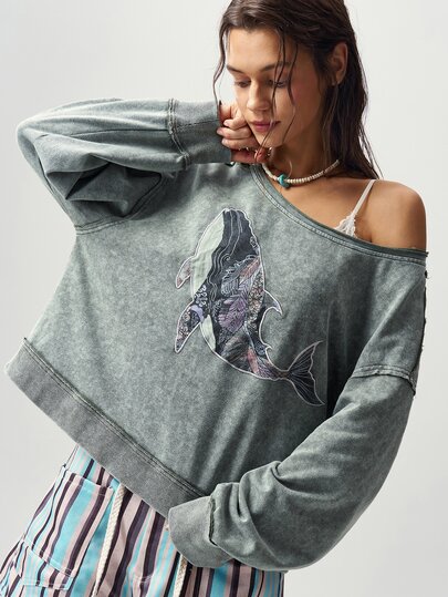 Bohemela Women's Whale Embroidery Pattern Asymmetrical Shoulder Casual Everyday Sweatshirt