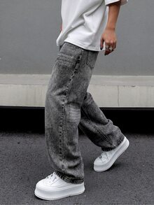 Manfinity EMRG Celana Jeans Denim Abu-abu Gelap Gaya Jalanan Kasual Pria - Dark Grey - View 7