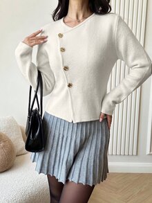 Firerie 女款深花色不對稱領口金屬鈕扣前襟長袖針織上衣，休閒通勤毛衣，春秋冬季新品 - 杏色 - 查看 7