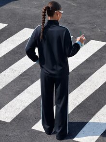 Muchica 大尺碼女款馬術圖案長袖夾克與長褲休閒日常套裝 - 藏蓝色 - 查看 2