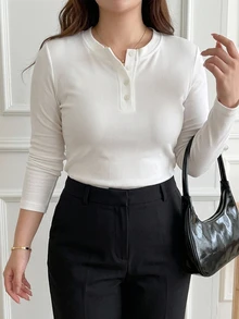 Dazy Plus Plus Size Casual Half-Button Long Sleeve White T-Shirt - White - View 6