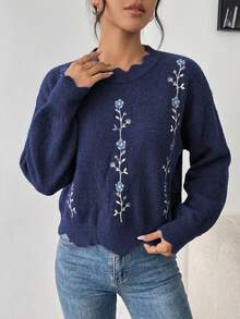 SHEIN 白色蕾絲領寬鬆刺繡秋冬毛衣 - 藏蓝色 - 查看 6