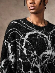 ROMWE MEN Men's Round Neck Dark Geometric Art Knit Sweater Street Style - Black - View 2
