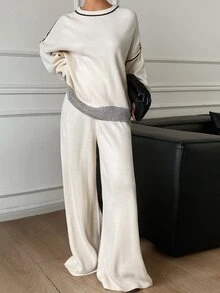 Livesso Setelan Kasual Wanita: Sweater Lengan Panjang Kerah Bulat dan Celana Rajut dengan Desain Blok Warna untuk Musim Gugur. - Aprikot - View 1