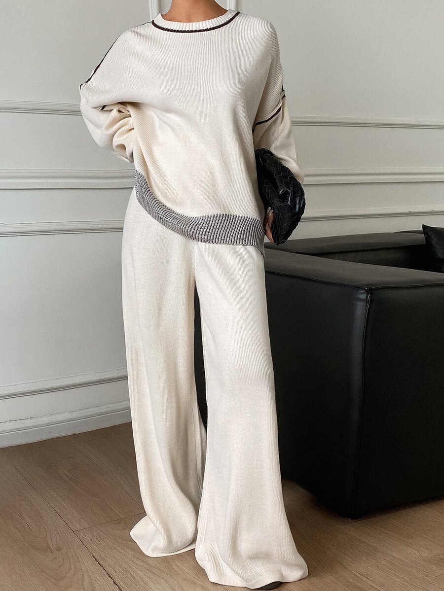 Livesso Setelan Kasual Wanita: Sweater Lengan Panjang Kerah Bulat dan Celana Rajut dengan Desain Blok Warna untuk Musim Gugur. - Aprikot - View 1