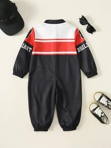 SHEIN 男嬰字母圖案針織柔軟圓領長袖連身衣，百搭舒適 - 彩色 - 查看 2