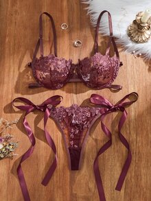 SHEIN 女款天藍色刺繡綁帶內衣套裝 2件組 - 中紫紅色 - 查看 3