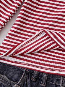 Tween Girl Tween Girl Tween Girls Striped Ruched Chest Long Sleeve Lace Trim - Red - View 8